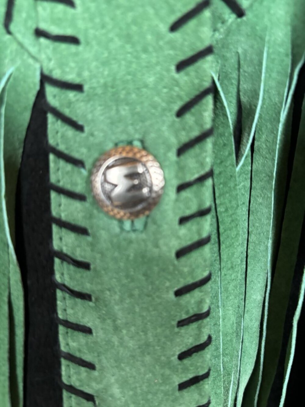 Bob Mackie Jacket Womens XL Green Suede Leather Fringe Western Cowboy Art 90s - Picture 5 of 13